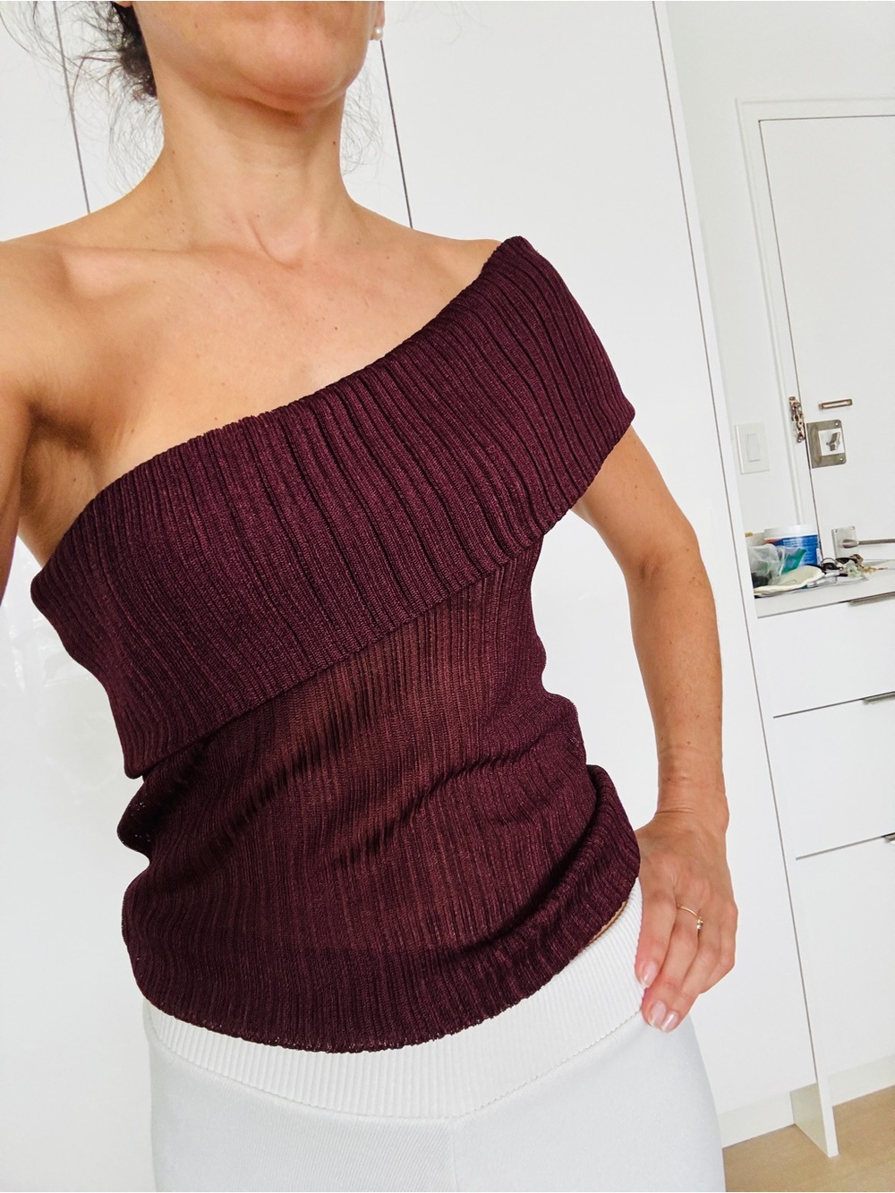 Massimo Dutti Off-the-Shoulder Ribbed Sweater Top - Deep Burgundy